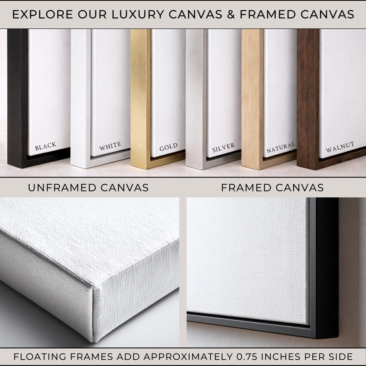The image is a collage of various framed and unframed canvas prints, showcasing different colors and styles. The collage includes a close-up view of a floating frame, highlighting the additional 0.75 inches per side for the frame. The collage also includes a comparison between unframed and framed canvas prints, with the text "EXPLORE OUR LUXURY CANVAS & FRAMED CANVAS" and "UNFRAMED CANVAS" displayed prominently.