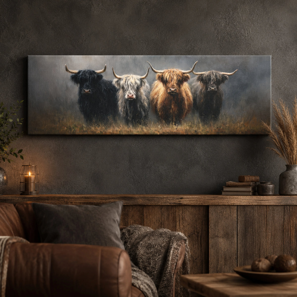 a large painting of four yaks standing in a row on a wall, with a cozy living room setting in the foreground.