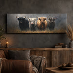 a large painting of four yaks standing in a row on a wall, with a cozy living room setting in the foreground.