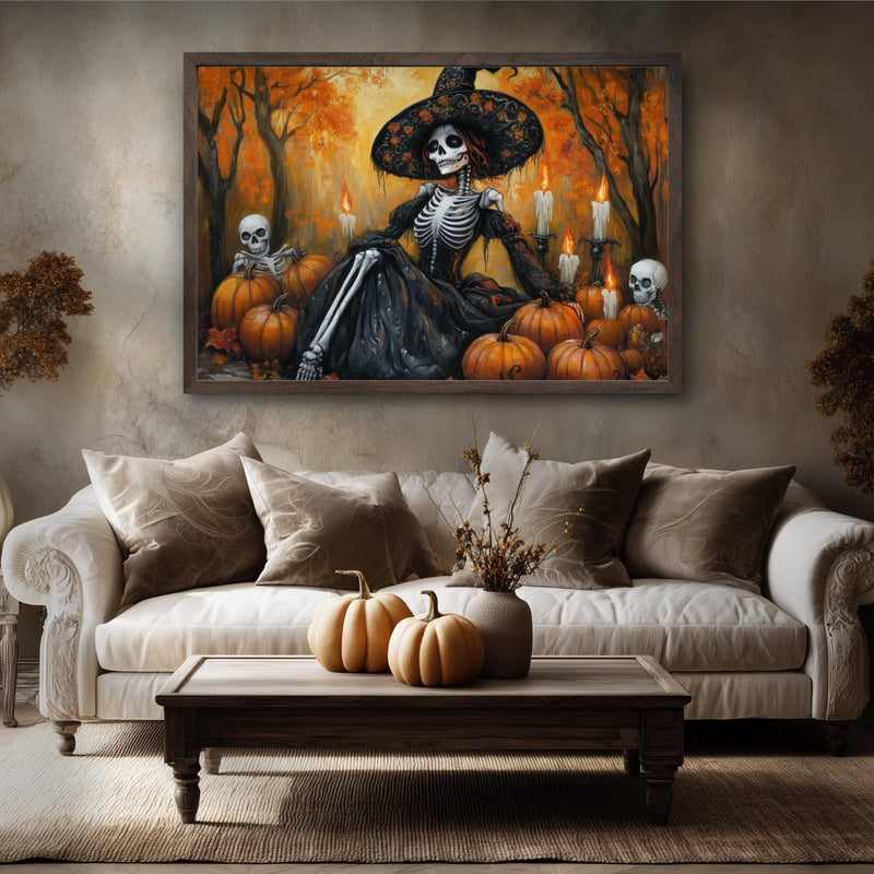 Halloween Wall Decor - Witch Print Art With Dia De Los Muertos Skull & Skeleton Sign