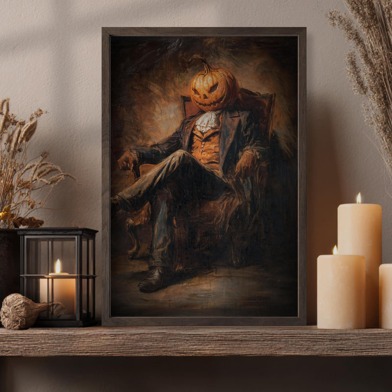Pumpkin Head Print – Halloween Wall Decor | Gothic Dark Academia Art