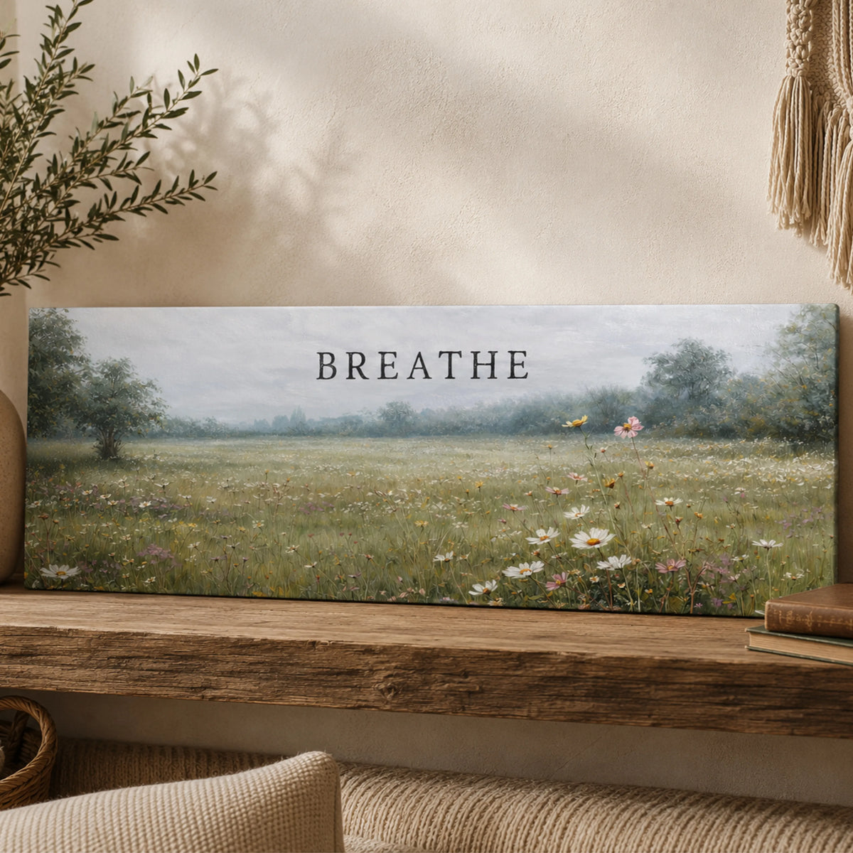 a large canvas print of a field with flowers, displaying the word "BREATHE" in bold letters.