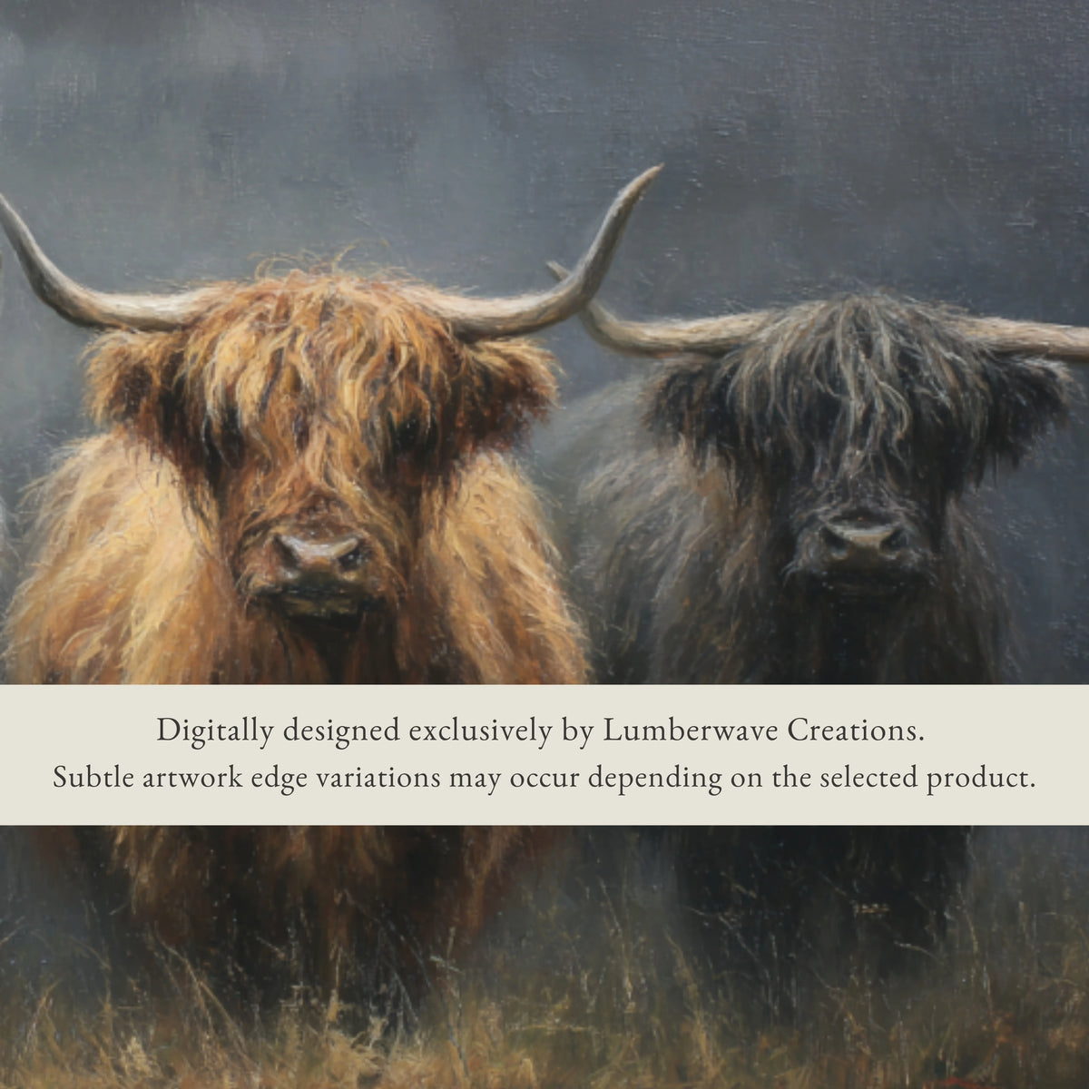 two yaks standing in a field, with a text overlay providing information about the artwork's creation.