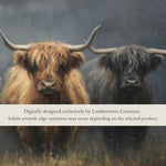 two yaks standing in a field, with a text overlay providing information about the artwork's creation.