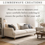 a living room with a white sofa, a wooden coffee table, and a window with a plant. The text overlay provides instructions for measuring the space before ordering wall decor to ensure a perfect fit.