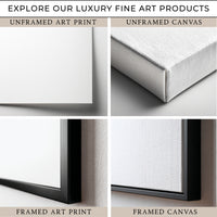 The image is a collage of four images showcasing different types of art products: unframed art print, unframed canvas, framed art print, and framed canvas.