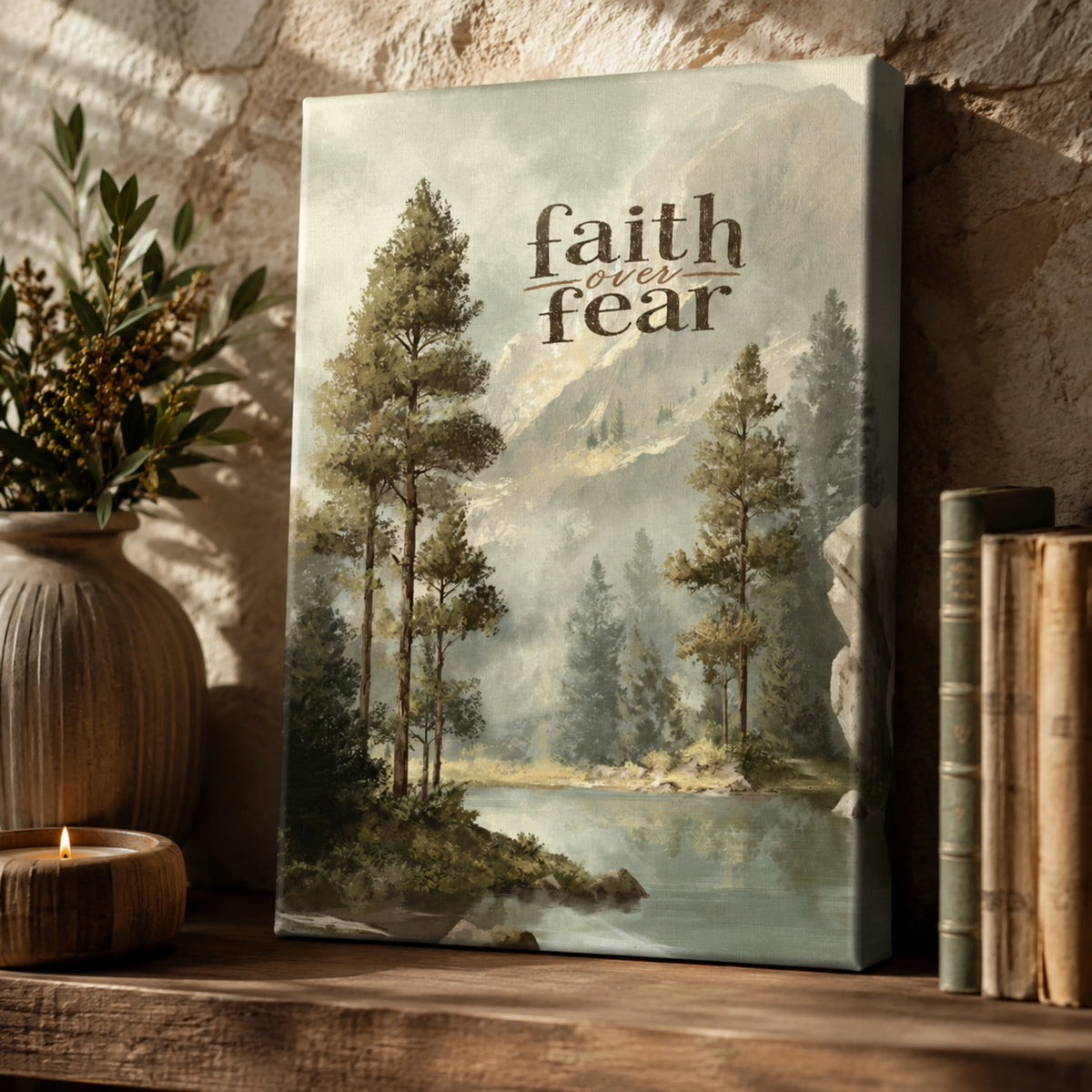 a painting of a serene landscape with a lake, trees, and mountains in the background, accompanied by the text "faith over fear" on the canvas.