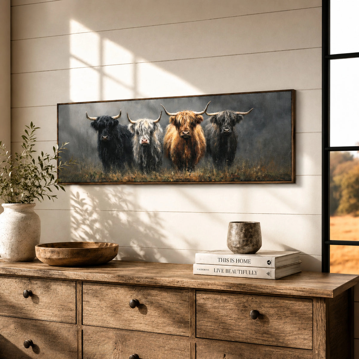 a wooden dresser with a framed painting of four yaks, two black and two brown, hanging on the wall above it. The dresser also has a small plant, a bowl, and a stack of books on top.
