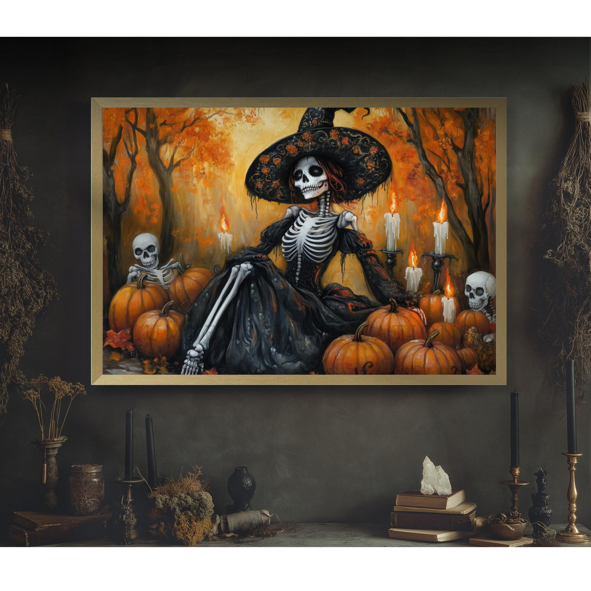 Halloween Wall Decor - Witch Print Art With Dia De Los Muertos Skull & Skeleton Sign