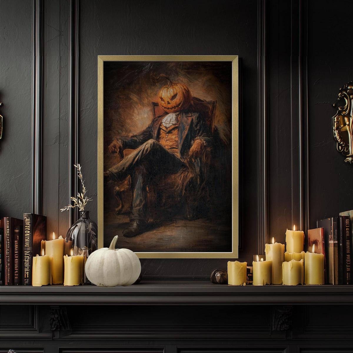 Pumpkin Head Print – Halloween Wall Decor | Gothic Dark Academia Art
