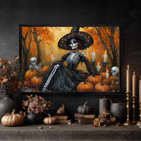 Halloween Wall Decor - Witch Print Art With Dia De Los Muertos Skull & Skeleton Sign