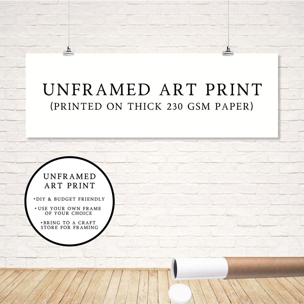 a white brick wall with a sign that says unframed art print printed on