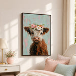 a cow wearing a flower crown, which is hanging on a wall in a bedroom setting.