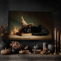 Black Cat Witch Hat Print – Halloween Wall Decor with Cute Kitten Sleeping Sign