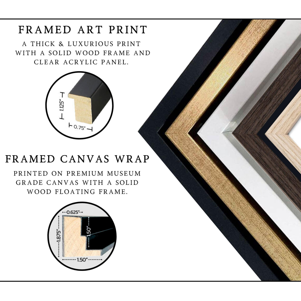 The image is a collage of various framed art prints and canvas wraps, showcasing different materials and designs.
