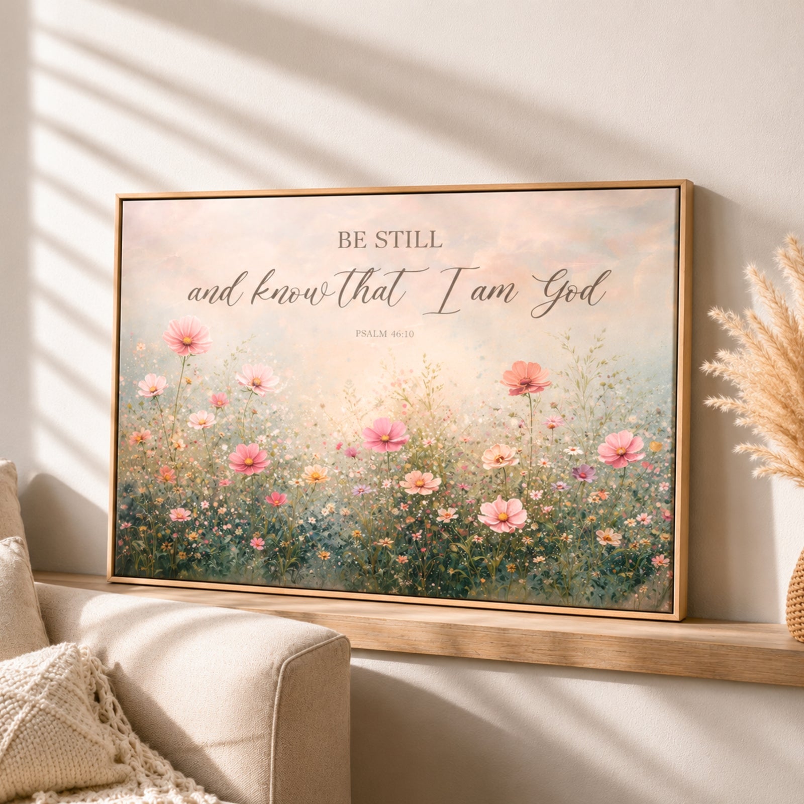 a framed painting of a field of flowers with a quote from the Bible, Psalm 40:1, which reads "Be still and know that I am God".