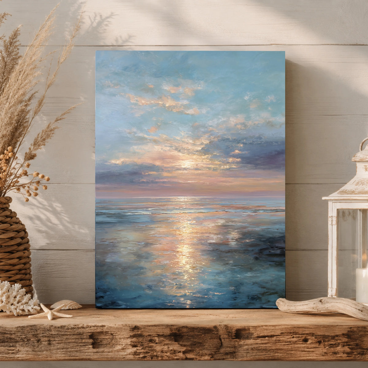a serene painting of a sunset over the ocean, displayed on a wooden shelf.