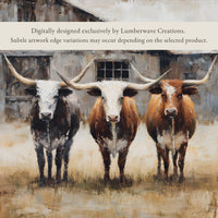 three cows standing in a field, with a barn in the background.