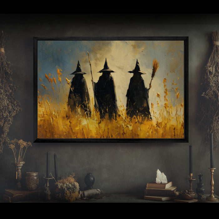 Three Witches Wall Art – Vintage Halloween Print with 3 Witch Hats Sign
