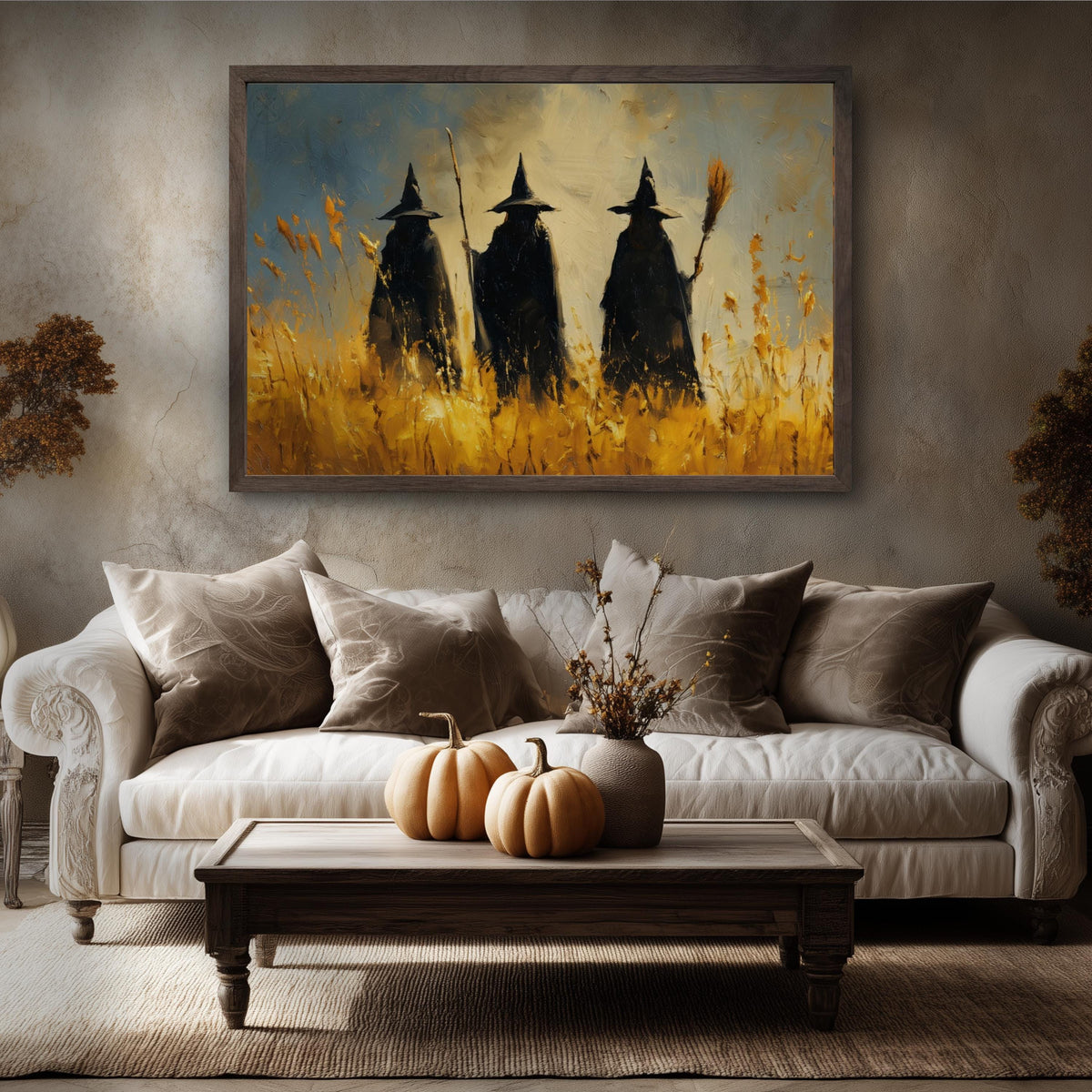 Three Witches Wall Art – Vintage Halloween Print with 3 Witch Hats Sign