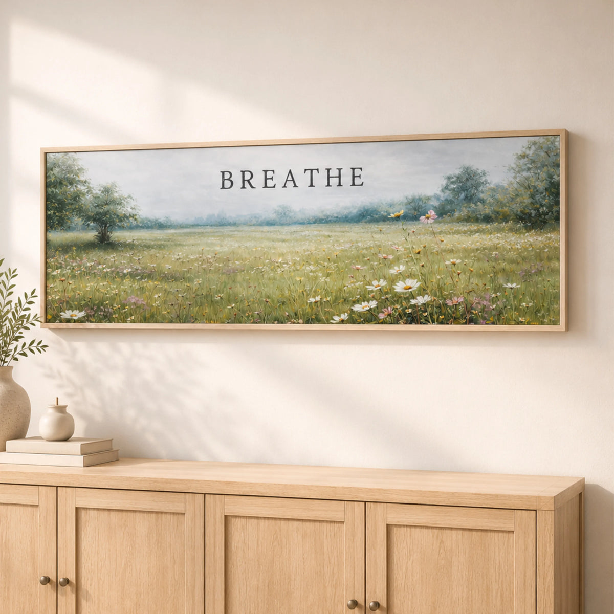 a large painting of a field with flowers hanging on a wall above a wooden cabinet.