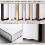 The image is a collage of various framed and unframed canvas prints, showcasing different colors and styles. The collage includes a close-up view of a floating frame, highlighting the additional 0.75 inches per side for the frame. The collage also includes a comparison between unframed and framed canvas prints, with the text "EXPLORE OUR LUXURY CANVAS & FRAMED CANVAS" and "UNFRAMED CANVAS" displayed prominently.