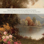 The image is a digital painting of a serene landscape featuring a river, trees, and colorful flowers.