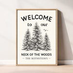 The image is a framed poster with a black and white illustration of three pine trees and the text "WELCOME to our NECK of the Woods - THE ROTHSTEIN'S"