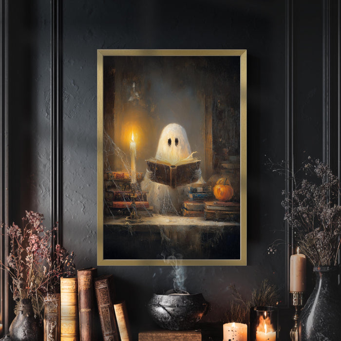 Ghost Reading Print - Halloween Wall Decor | Rustic Painting Prints & Fall Home Decor