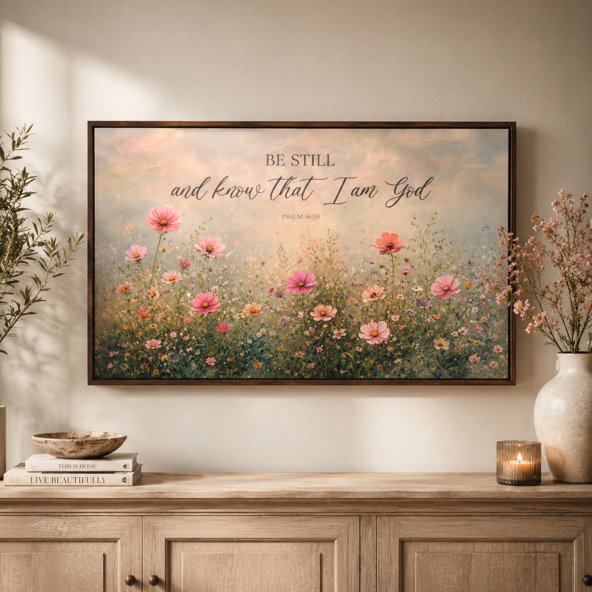 a framed painting of a field of flowers hanging on a wall above a wooden cabinet.