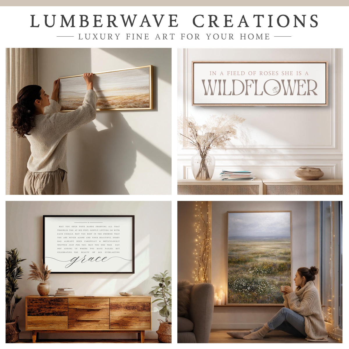 The image is a collage of four photos showcasing various pieces of furniture and decor in a home setting.