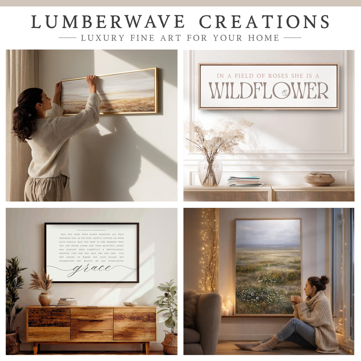 The image is a collage of four photos showcasing various pieces of furniture and decor in a home setting.