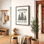 a hallway with a framed sign that reads "Welcome to our neck of the woods - The Smith family" hanging on the wall. The hallway has a wooden bench, a woven basket, and a potted plant.