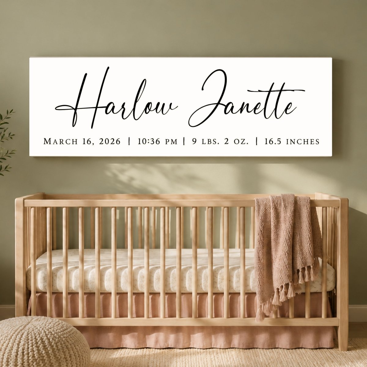 Baby Name Print - Personalized Nursery Name Sign With Birth Stats Above Crib - Lumberwave Creations