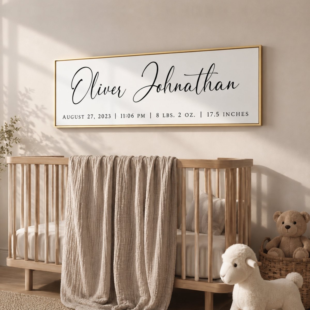 Baby Name Print - Personalized Nursery Name Sign With Birth Stats Above Crib - Lumberwave Creations
