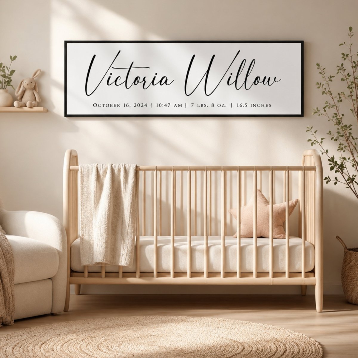 Baby Name Print - Personalized Nursery Name Sign With Birth Stats Above Crib - Lumberwave Creations