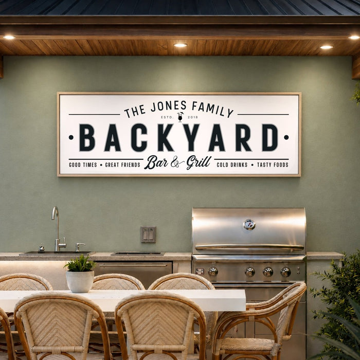 Backyard Bar Sign - Personalized Patio Wall Decor | Custom Grill Sign Wood Framed - Lumberwave Creations