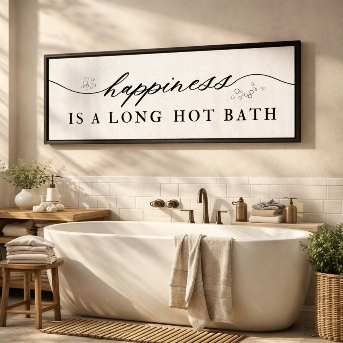 Bathroom Wall Decor – Long Hot Bath Sign Above The Tub With Relaxing Quote - Lumberwave Creations