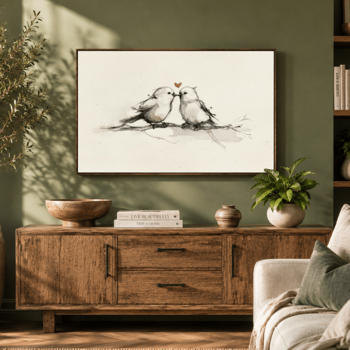 Birds On A Branch – Minimalist Bird Art With Heart And Bird Design - Lumberwave Creations