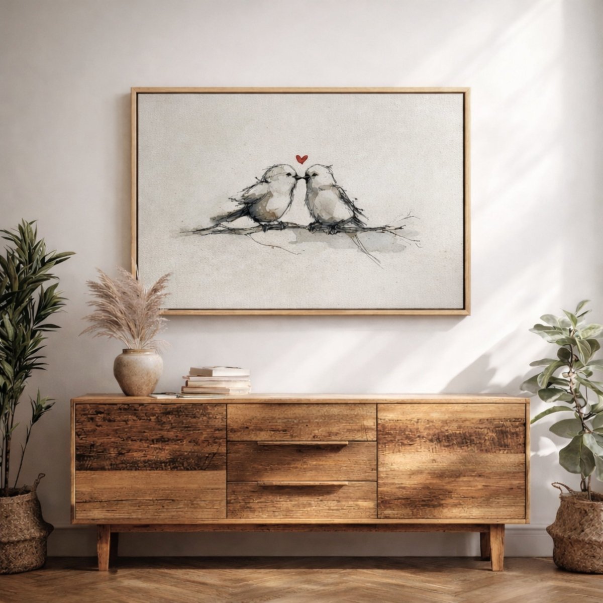 Birds On A Branch Print – Minimalist Bird Art With Heart And Bird Design - Lumberwave Creations