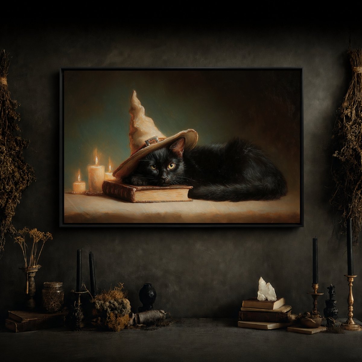Black Cat Witch Hat Print – Halloween Wall Decor with Cute Kitten Sleeping Sign - Lumberwave Creations