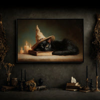 Black Cat Witch Hat Print – Halloween Wall Decor with Cute Kitten Sleeping Sign - Lumberwave Creations