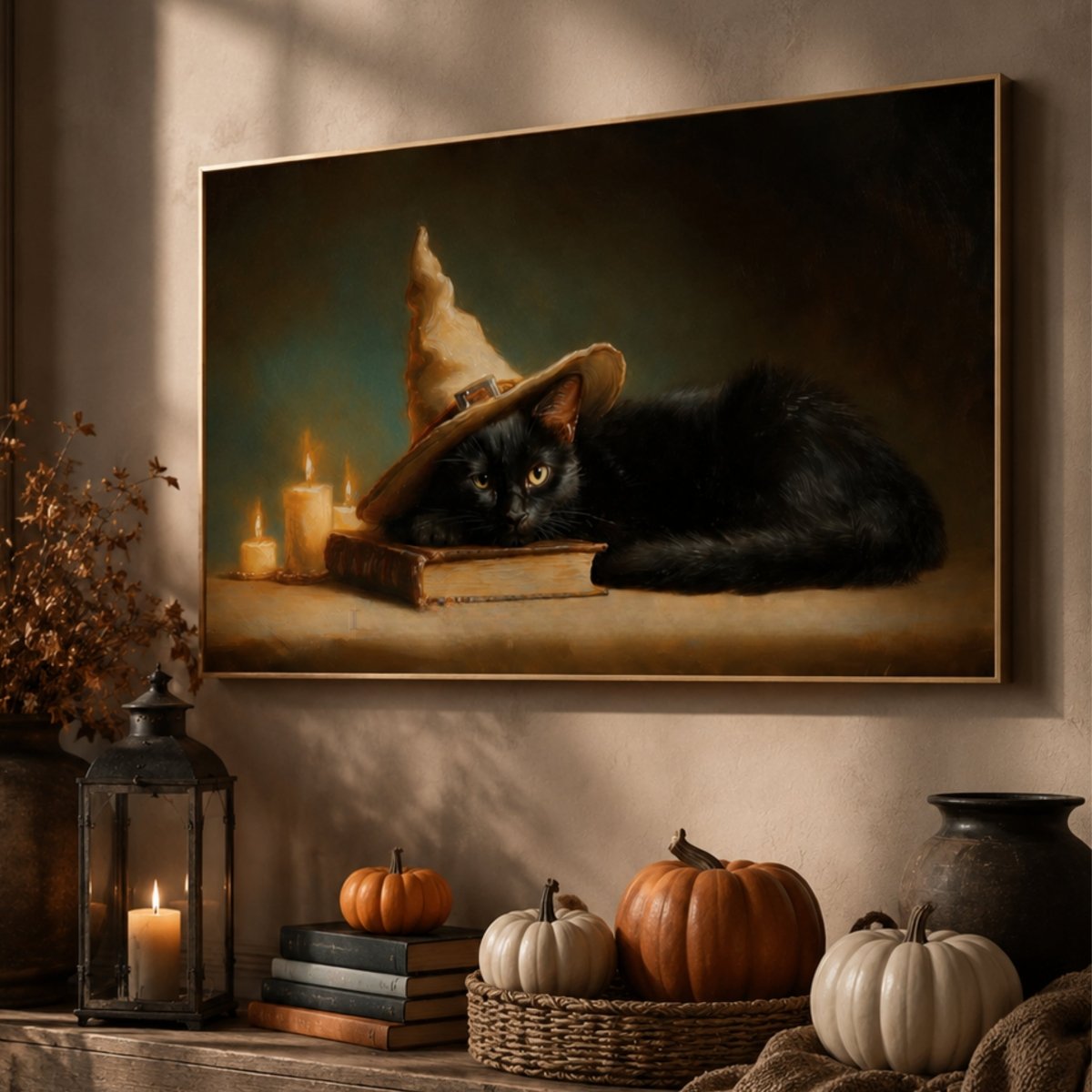 Black Cat Witch Hat Print – Halloween Wall Decor with Cute Kitten Sleeping Sign - Lumberwave Creations