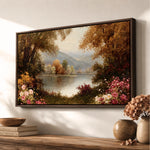a large framed painting of a serene landscape with a lake, mountains, and colorful flowers, hanging on a wall above a wooden shelf with decorative items.