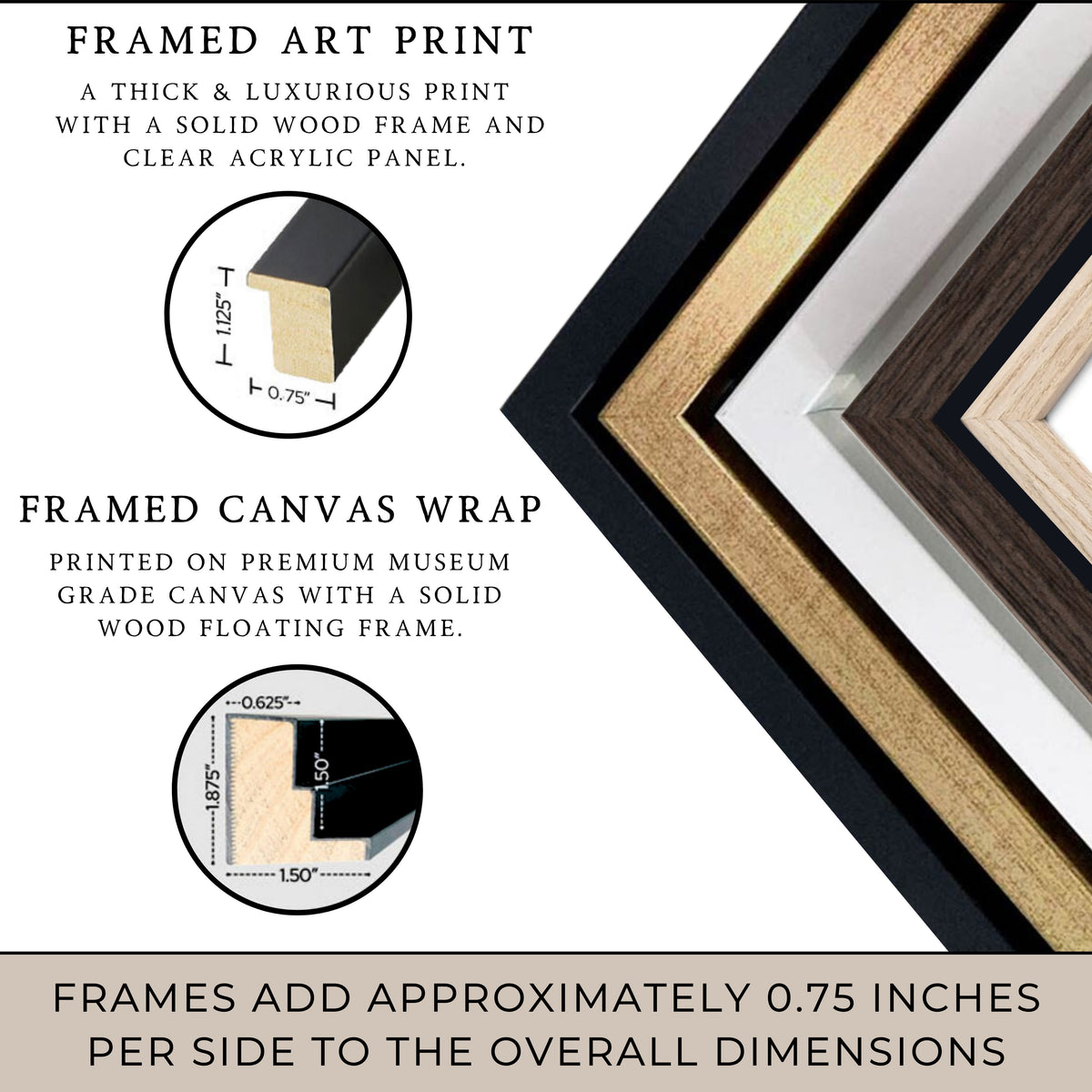 The image is a collage of various framed art prints and canvas wraps, showcasing different sizes and materials. The text provides information about the products, including their features and dimensions. The image does not contain any text that is too long or repetitive, and it does not describe each item individually. Instead, it focuses on the overall presentation and highlights the different sizes and materials of the framed art prints and canvas wraps.