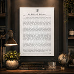 a framed quote by Rudyard Kipling, "IF", surrounded by various objects such as a bottle, a lamp, and a plant.