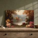 a painting of a serene landscape with a lake surrounded by trees and flowers.