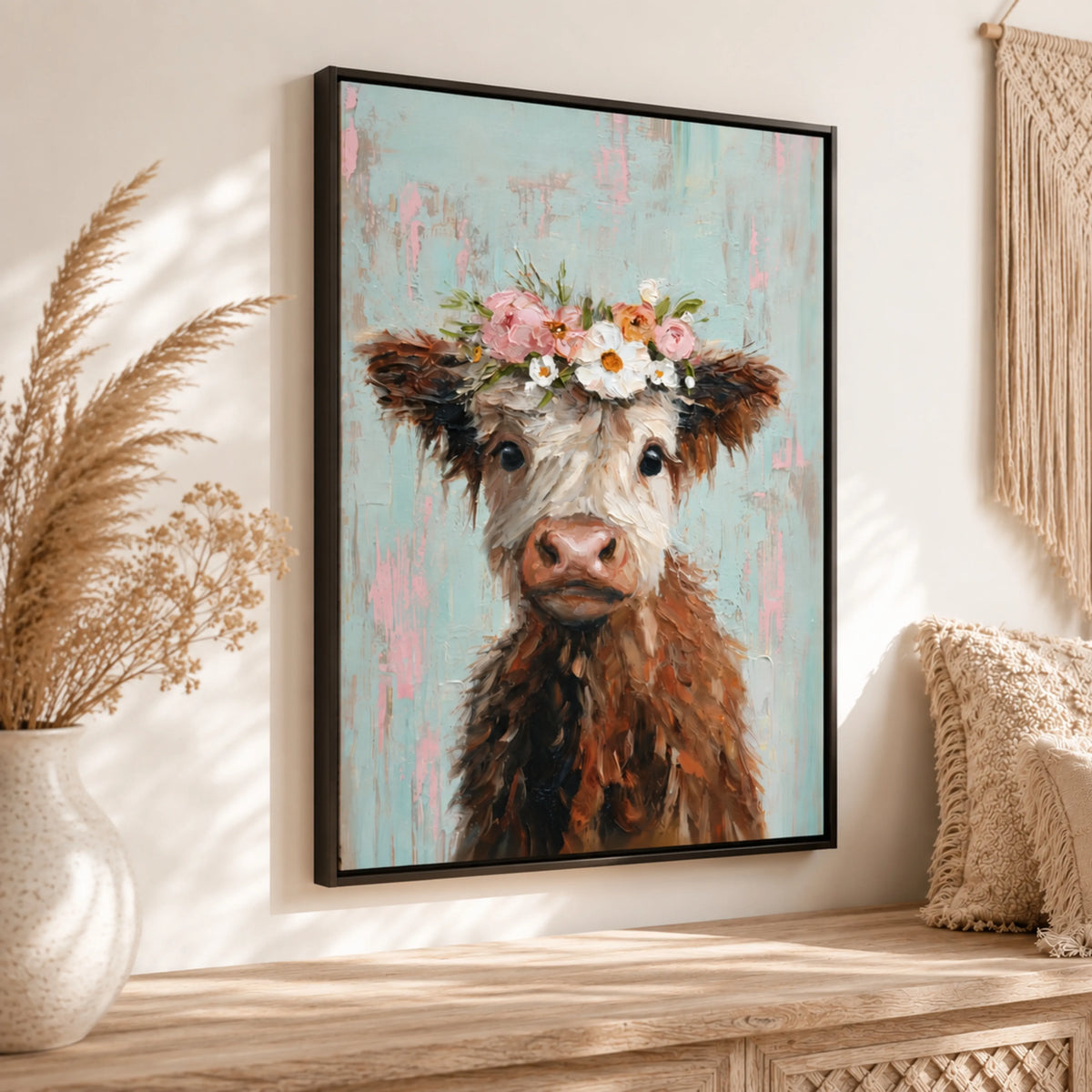 a framed painting of a cow wearing a flower crown on a wall.