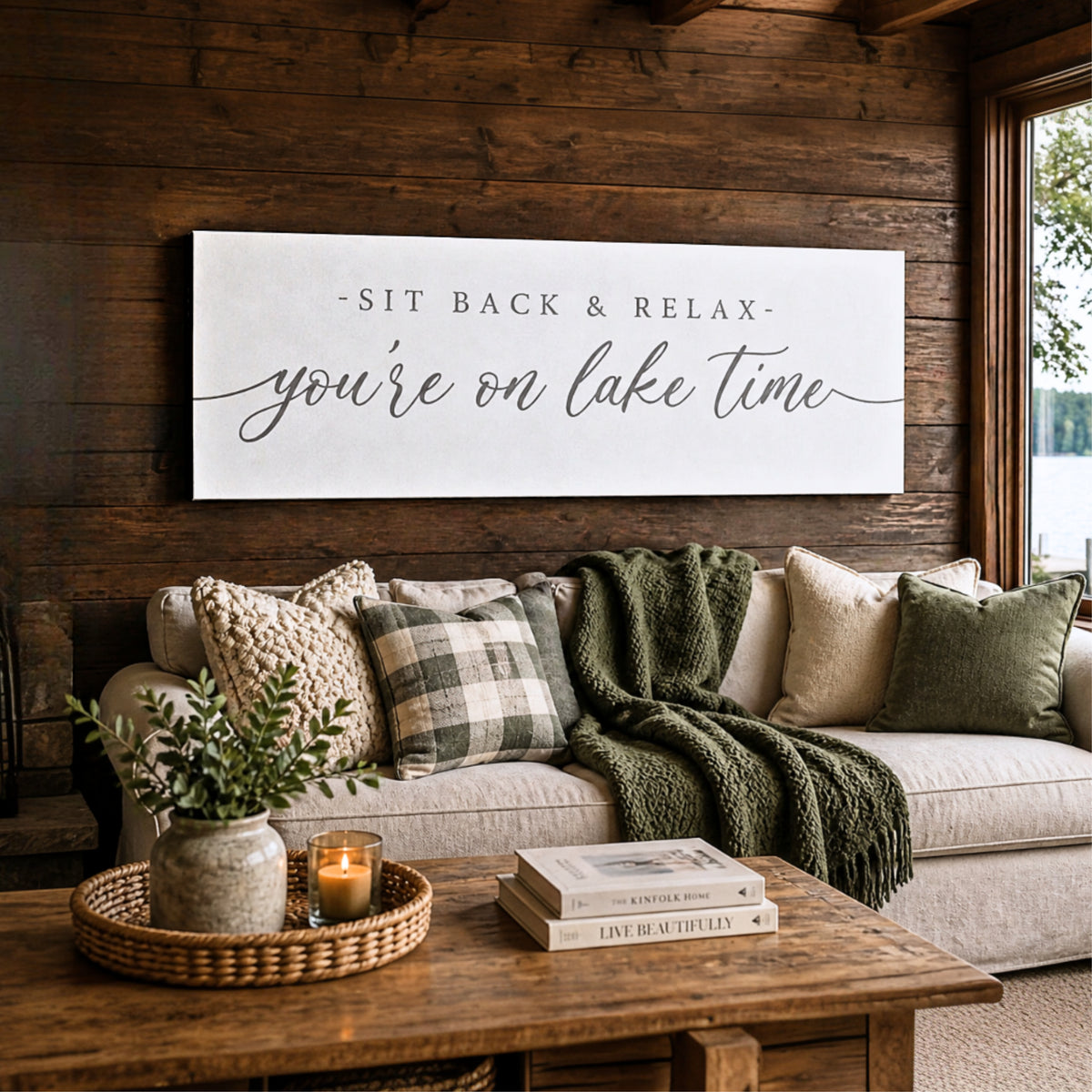 a cozy living room with a wooden wall, a large white sign with a message, a couch with pillows and a green blanket, a wicker basket on a coffee table, and a candle on a tray.