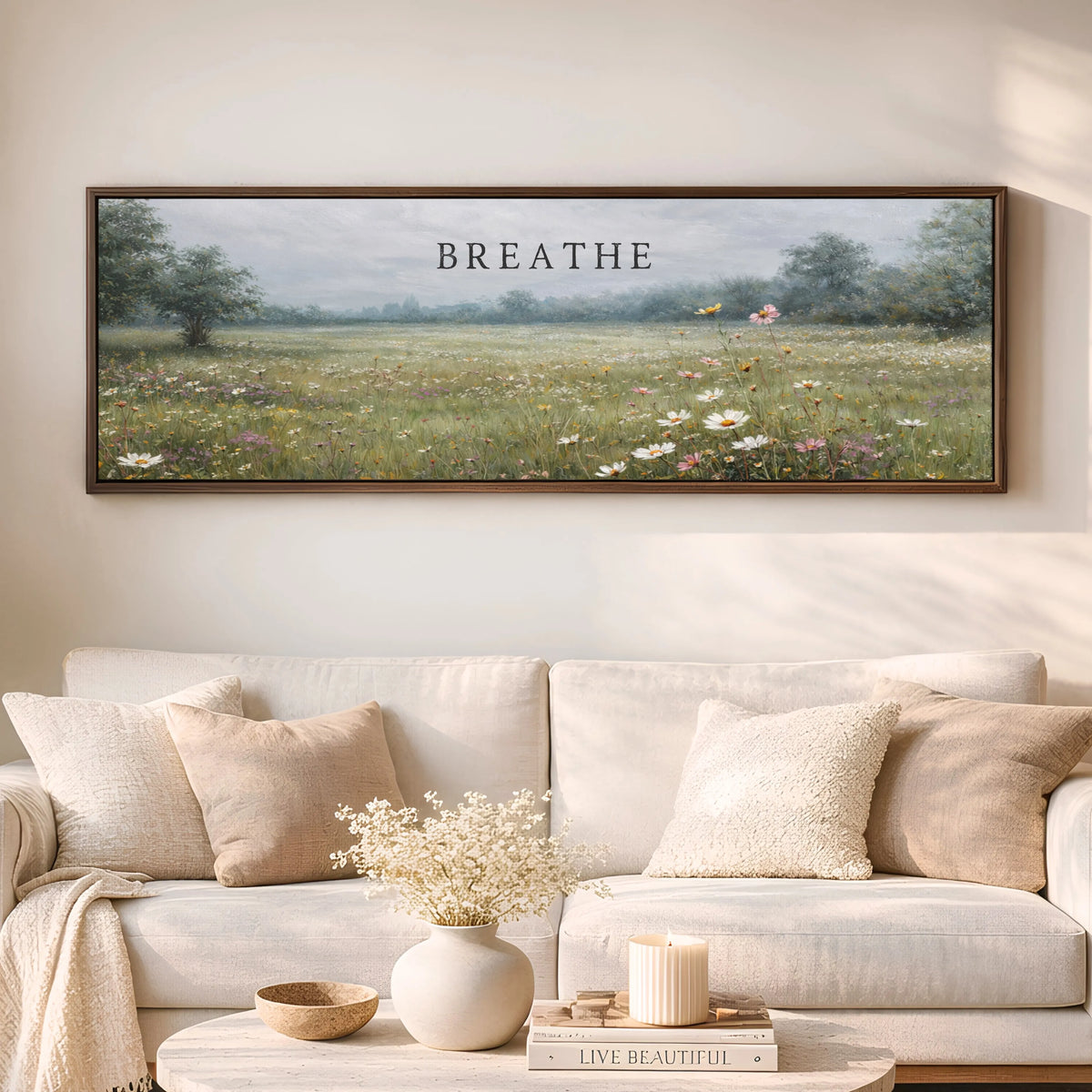 a living room with a large painting of a field of flowers hanging on the wall above a white sofa. The sofa is adorned with pillows and a vase of flowers. In front of the sofa, there is a coffee table with a book and a candle.